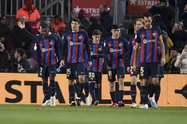 Players of Barcelona celebrate after scoring a goal. (Photo by Adria Puig/Anadolu Agency via Getty Images)