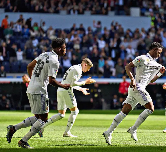 Real Madrid players celebrating one of their goals in the first leg - Courtesy Photo